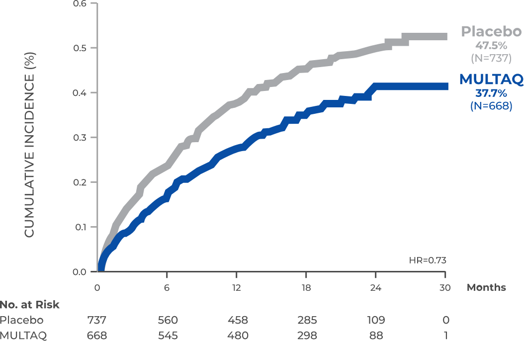 Chart of a post hoc analysis: Risk of CV hospitalization or all‐cause mortality in patients with AFib and CAD with MULTAQ.
